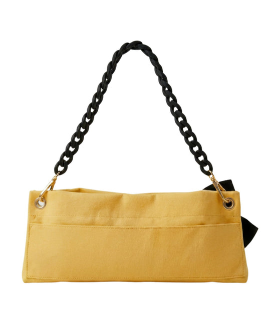 Butter Yellow Classic Pointe Shoe Bag back pocket with velcro closure and black chain handle — PointeBag By Ballerina