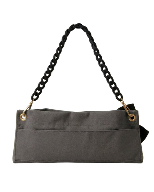 Back view of The PointeBag Classic Dark Grey — velcro back pocket, gold hardware eyelets and black velvety chain strap, by PointeBag By Ballerina