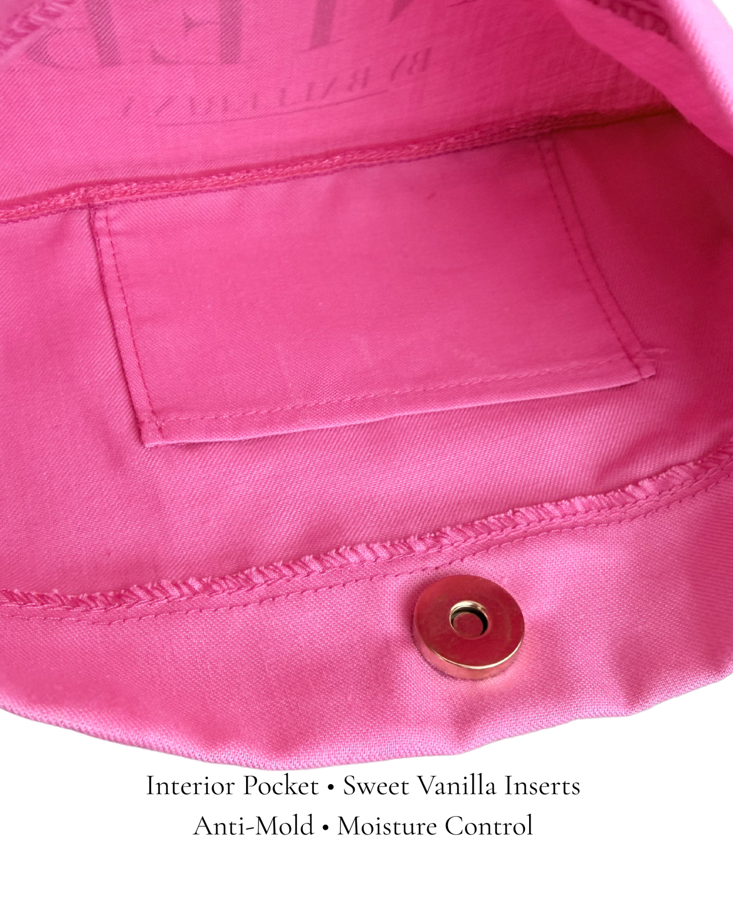 Interior of The PointeBag Classic Pink Polka Edit — sweet vanilla anti-mold scent insert and gold magnetic closure for pointe shoes — PointeBag By Ballerina