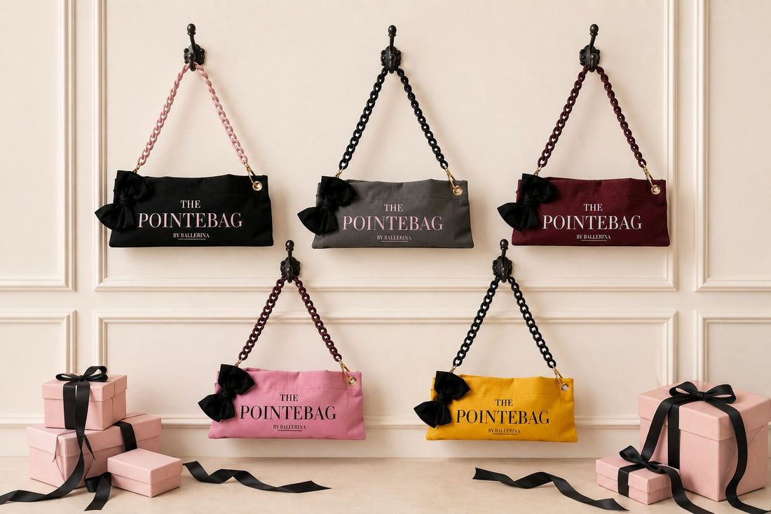 The PointeBag by Ballerina in all colors — black, yellow, grey, pink and burgundy — gift wrapped on boxes with satin ribbon, perfect gift for ballet dancers