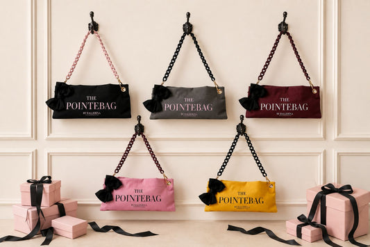 The PointeBag by Ballerina in all colors — black, yellow, grey, pink and burgundy — gift wrapped on boxes with satin ribbon, perfect gift for ballet dancers