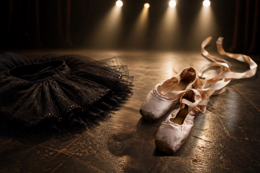 Worn pointe shoes and a black tutu on a stage floor under dramatic spotlight — the emotional world of a ballerina