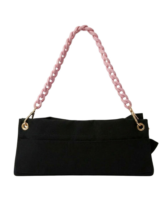 Black Classic Pointe Shoe Bag back view with velcro pocket and pink chain handle — PointeBag By Ballerina
