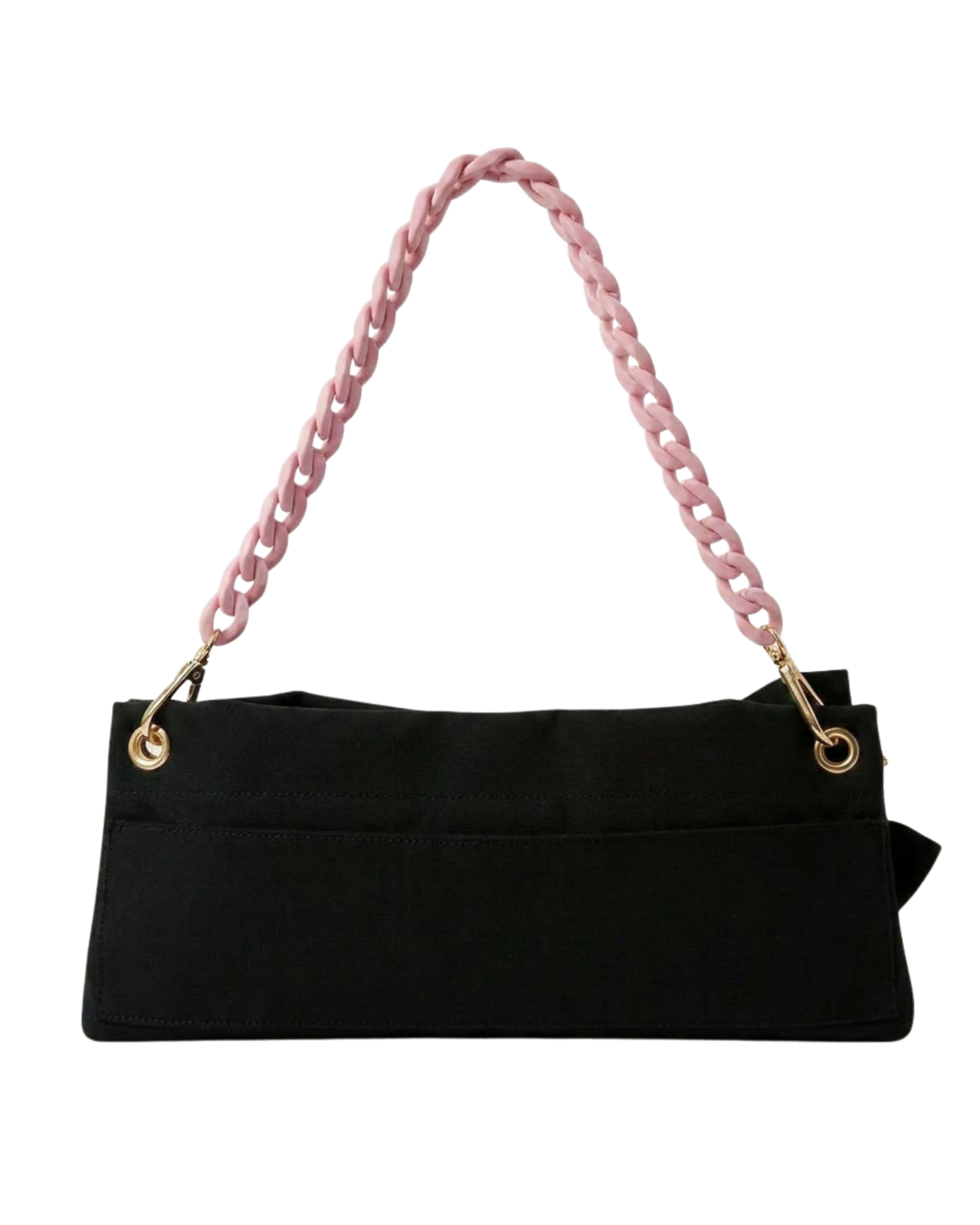 Black Classic Pointe Shoe Bag back view with velcro pocket and pink chain handle — PointeBag By Ballerina