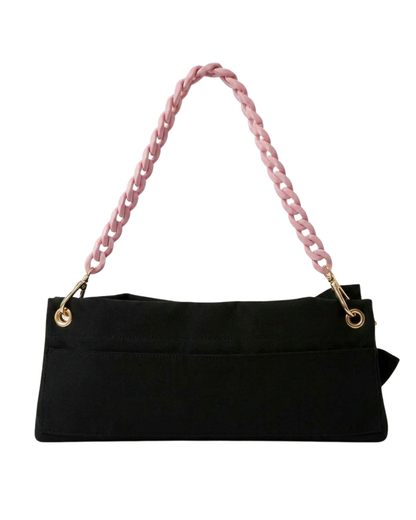 Black Classic Pointe Shoe Bag back view with velcro pocket and pink chain handle — PointeBag By Ballerina