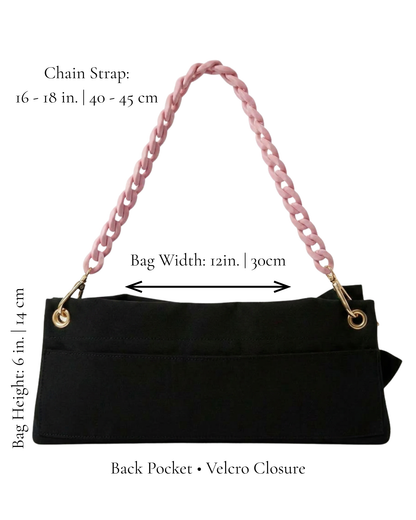 Black Classic Pointe Shoe Bag dimensions — 12x6in. bag with 16in. pink chain handle and velcro pocket — PointeBag By Ballerina