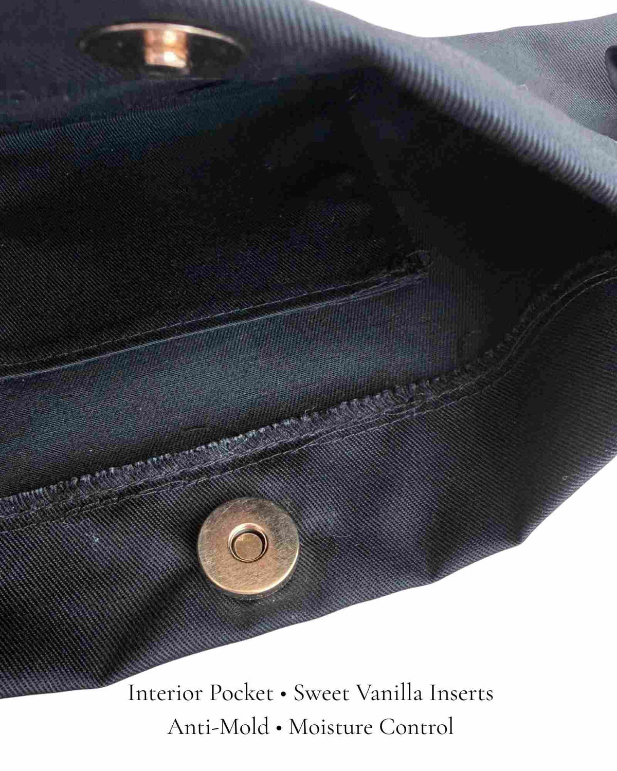 Interior of Black Classic Pointe Shoe Bag with vanilla scent inserts to keep pointe shoes fresh — PointeBag By Ballerina