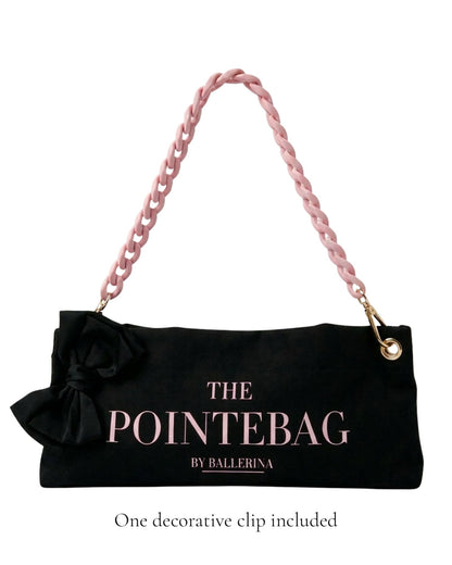 Black Classic Pointe Shoe Bag with pink chain strap and black bow — One decorative clip included — PointeBag By Ballerina