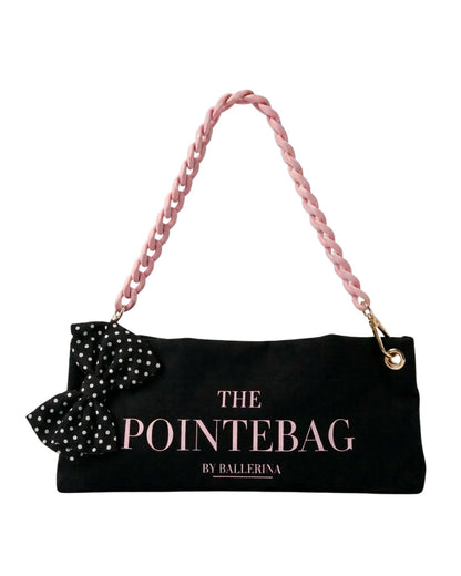 The PointeBag Classic Black Polka Edit — limited edition pointe shoe bag with polka dot bow and pink chain, by PointeBag By Ballerina