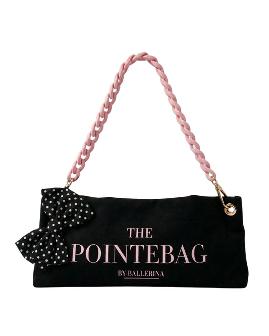 The PointeBag Classic Black Polka Edit — limited edition pointe shoe bag with polka dot bow and pink chain, by PointeBag By Ballerina