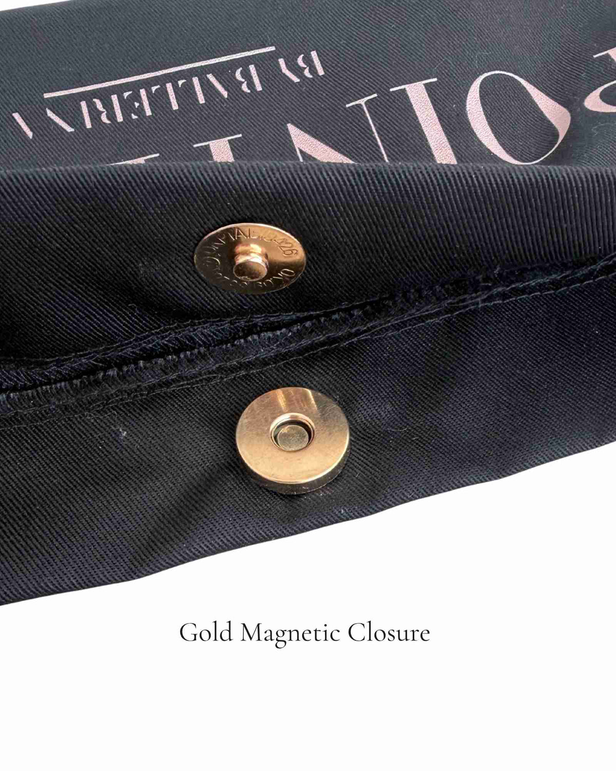 Close-up of gold magnetic closure on the Black Polka Edit ballet bag — secure snap detail on 220g cotton canvas, by PointeBag By Ballerina