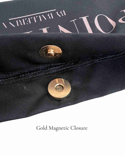 Close-up of gold magnetic closure on the Black Polka Edit ballet bag — secure snap detail on 220g cotton canvas, by PointeBag By Ballerina
