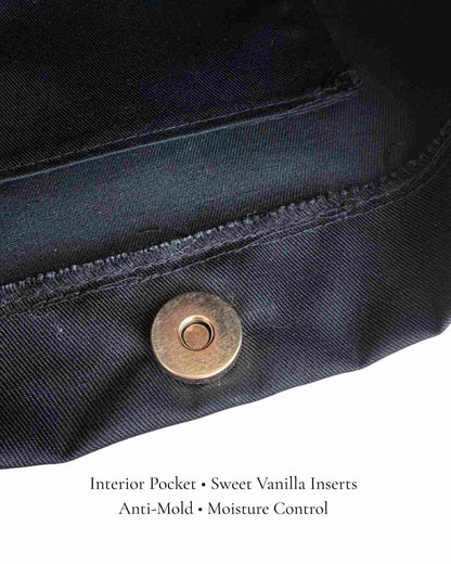 Interior pocket of the Black Polka Edit ballet bag — gold magnetic closure, sweet vanilla anti-mold insert for moisture control, by PointeBag By Ballerina