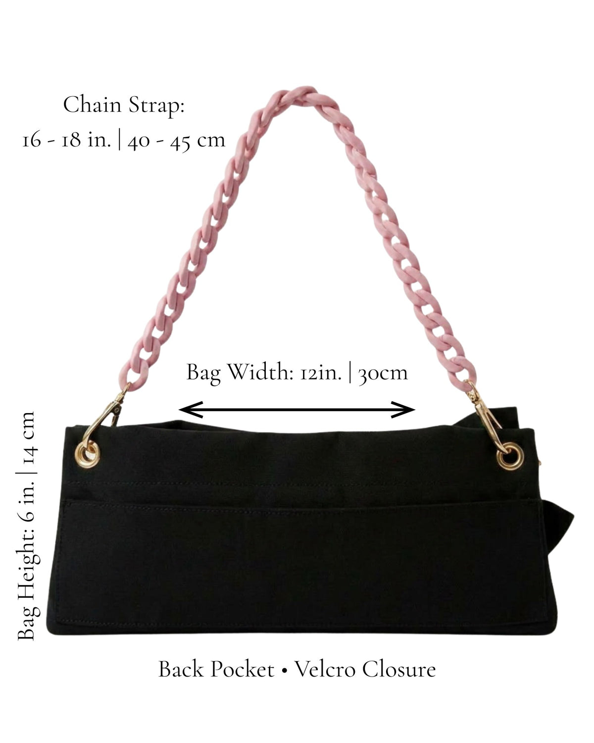 Black Polka Edit ballet bag dimensions — 12in x 6in, pink chain strap 16-18in, back pocket with velcro closure, by PointeBag By Ballerina