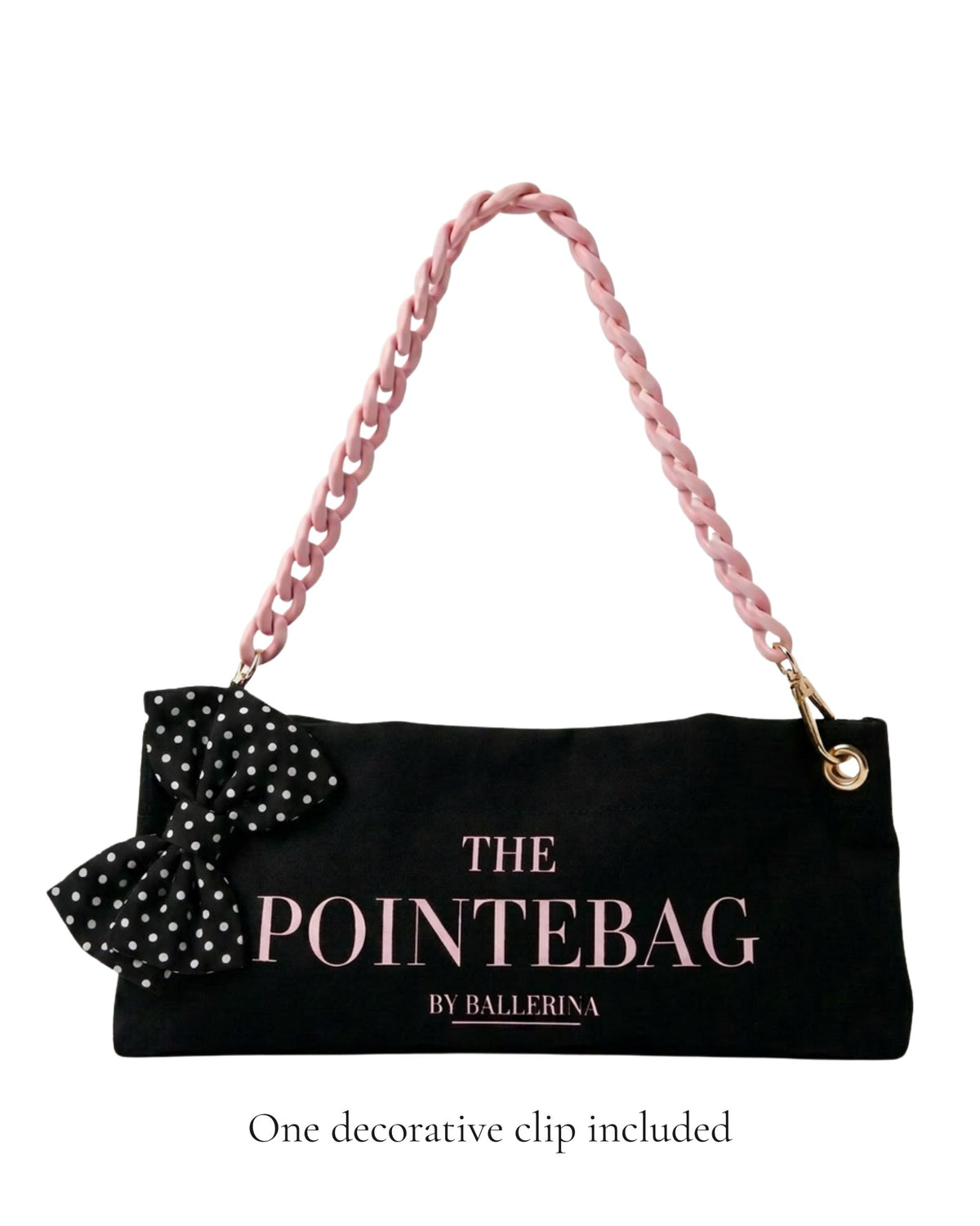 The PointeBag Classic Black Polka Edit with decorative clip — limited edition ballet bag with polka dot bow and pink chain, by PointeBag By Ballerina