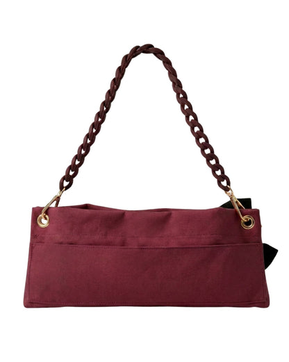 Burgundy Classic Pointe Shoe Bag back view with velcro pocket and dark coffee chain handle — PointeBag By Ballerina