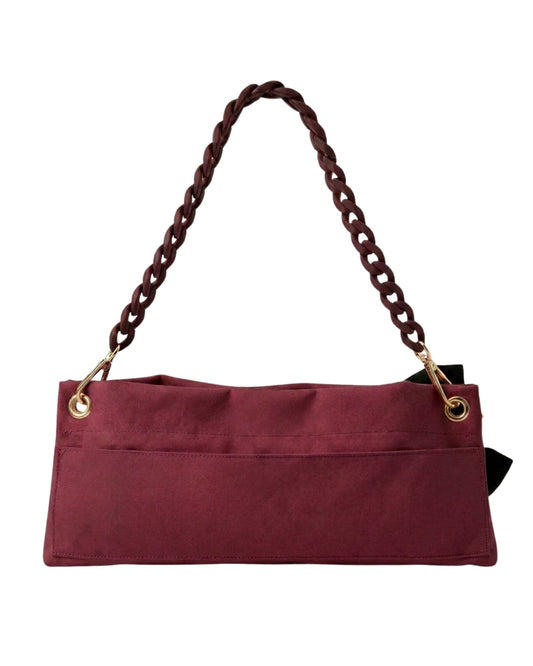 Burgundy Classic Pointe Shoe Bag back view with velcro pocket and dark coffee chain handle — PointeBag By Ballerina