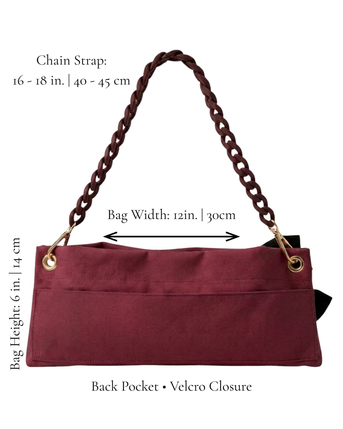 Burgundy Classic Pointe Shoe Bag dimensions — 12x6in. bag with 16in. chain handle and velcro pocket — PointeBag By Ballerina