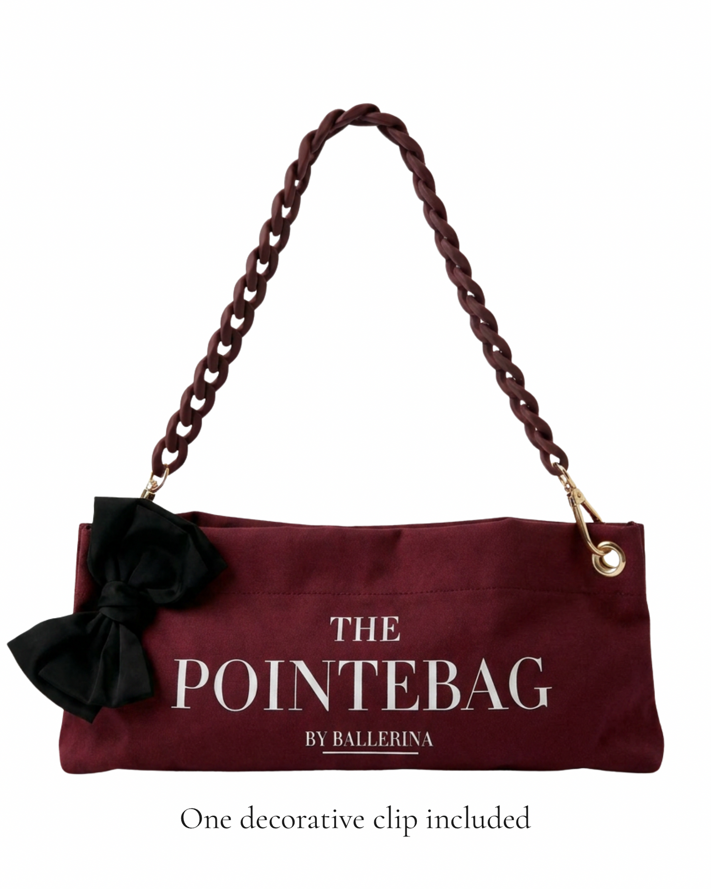 Burgundy pointe shoe bag with black bow decorative clip and chain shoulder strap —  PointeBag by Ballerina