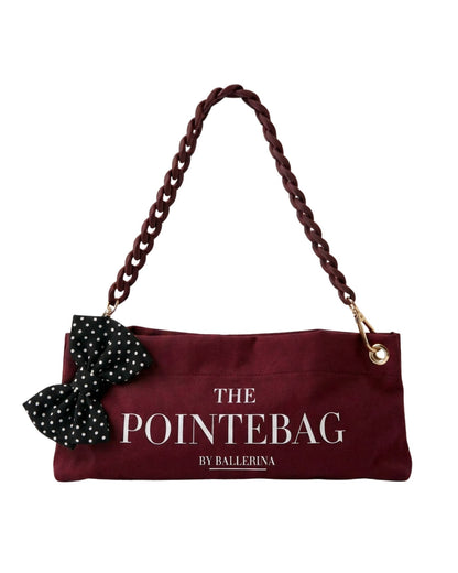 The PointeBag Classic Burgundy Polka Edit — limited edition ballet bag with polka dot bow and burgundy chain, by PointeBag By Ballerina