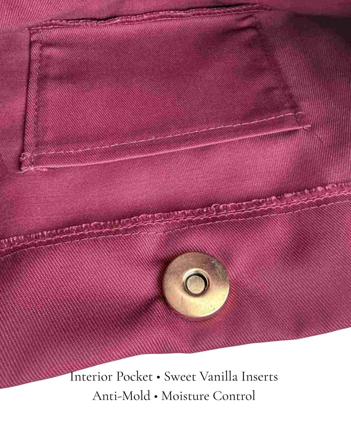 Burgundy Polka Edit interior pocket — magnetic closure, vanilla anti-mold insert, by PointeBag By Ballerina