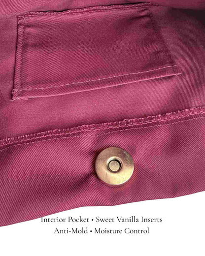 Burgundy Polka Edit interior pocket — magnetic closure, vanilla anti-mold insert, by PointeBag By Ballerina