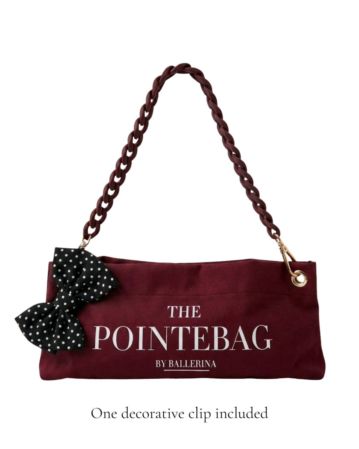 Burgundy Polka Edit ballet bag with polka dot bow clip and dark coffee chain — limited edition by PointeBag By Ballerina