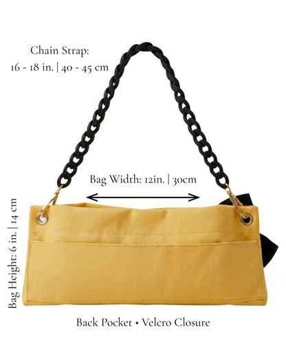 Butter Yellow Classic Pointe Shoe Bag dimensions — 12x6in. bag with 16in. black chain handle and velcro pocket — PointeBag By Ballerina
