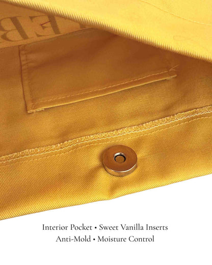 Interior of Butter Yellow Classic Pointe Shoe Bag with vanilla scent inserts to keep pointe shoes fresh — PointeBag By Ballerina