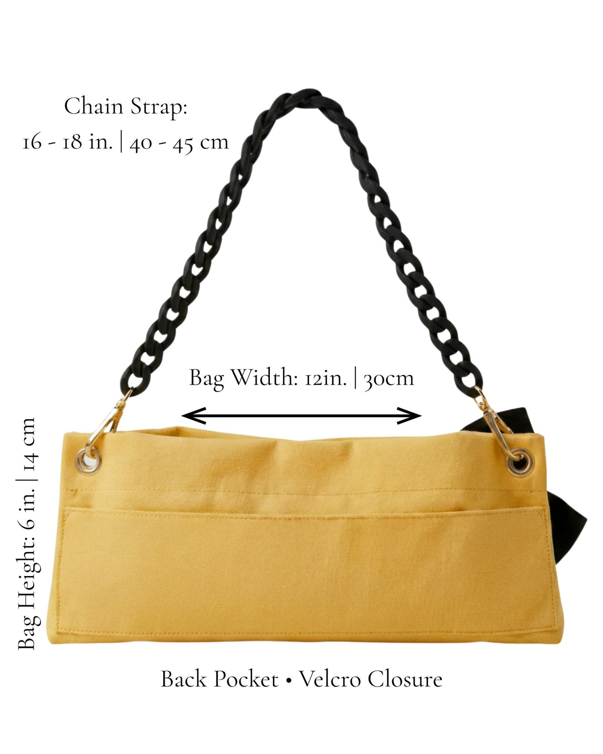 Butter Yellow Classic Pointe Shoe Bag dimensions — 12x6in. bag with 16in. black chain handle and velcro pocket — PointeBag By Ballerina