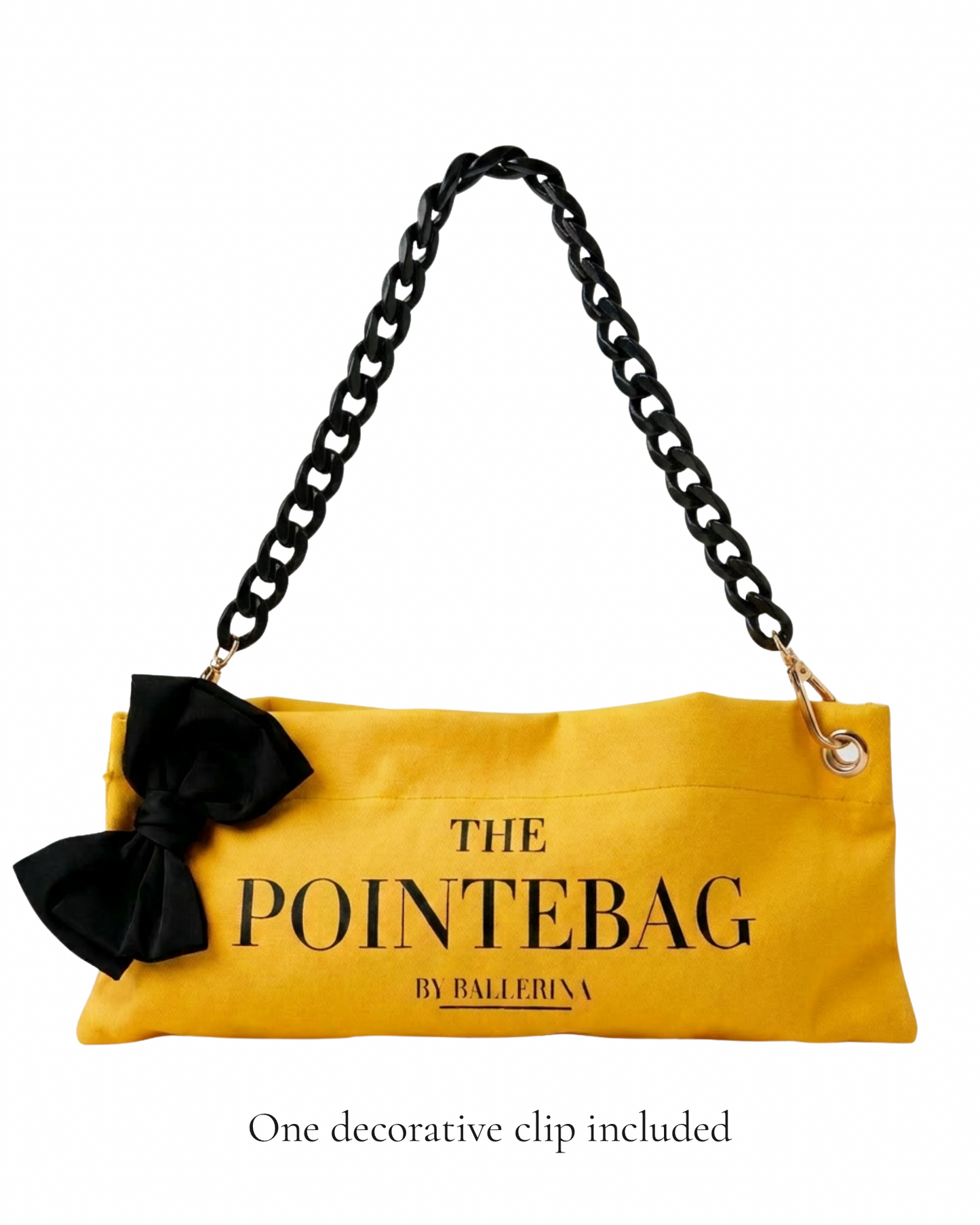 Butter Yellow Classic Pointe Shoe Bag with black chain strap and black bow — One decorative clip included — PointeBag By Ballerina