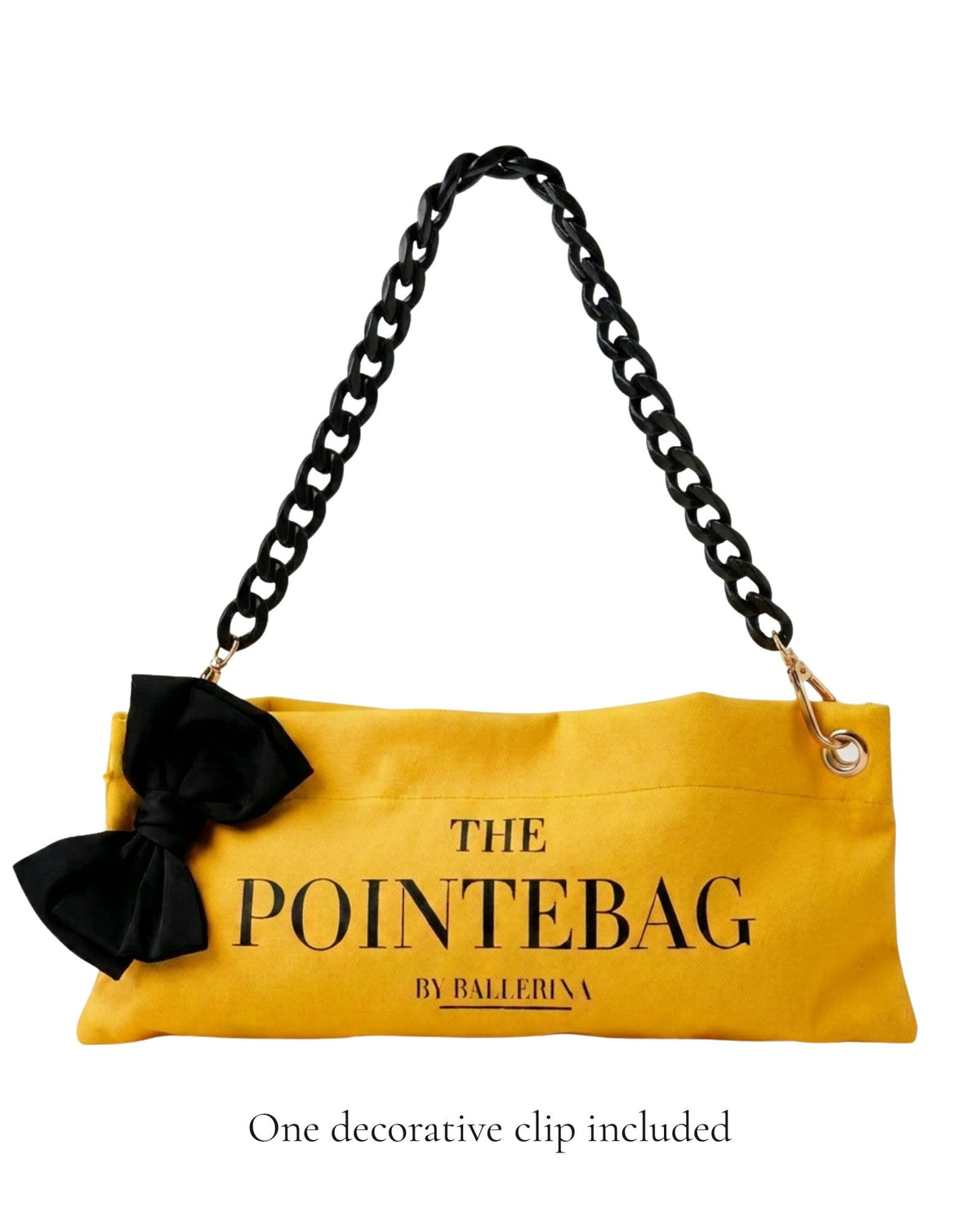 Butter Yellow Classic Pointe Shoe Bag with black chain strap and black bow — One decorative clip included — PointeBag By Ballerina
