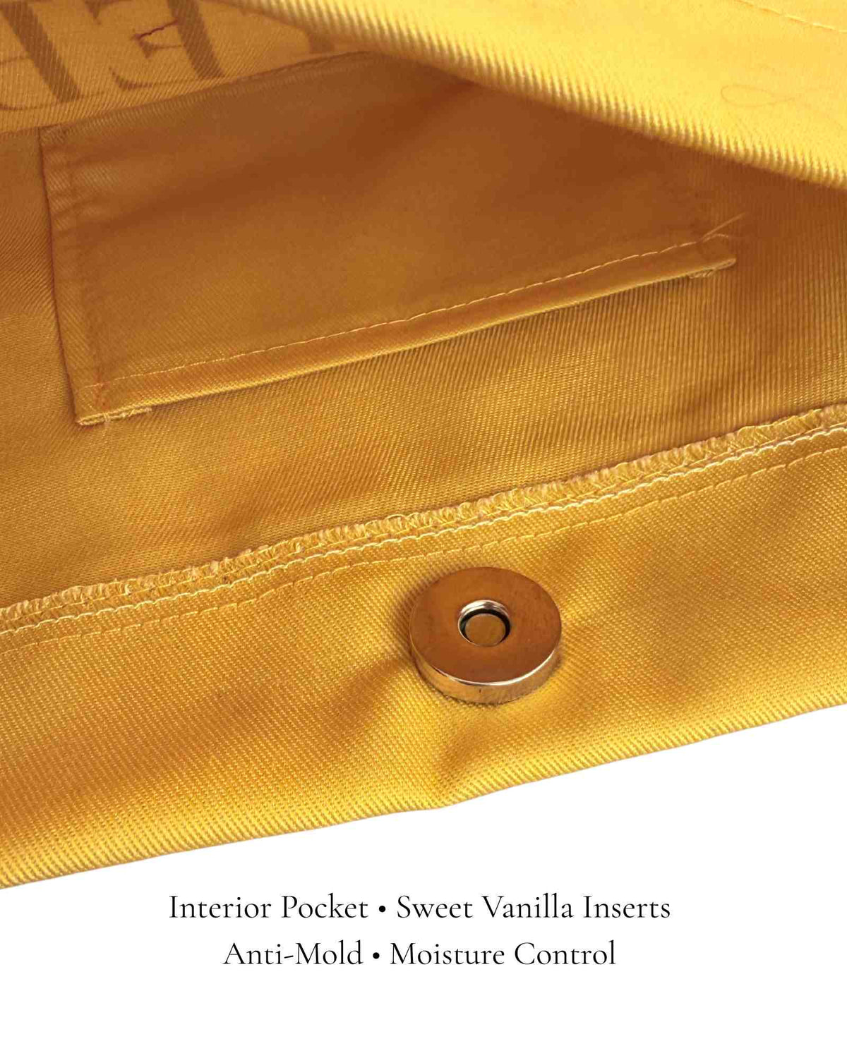 Butter Yellow Polka Edit pointe shoe bag interior pocket — magnetic closure, vanilla anti-mold insert, by PointeBag By Ballerina