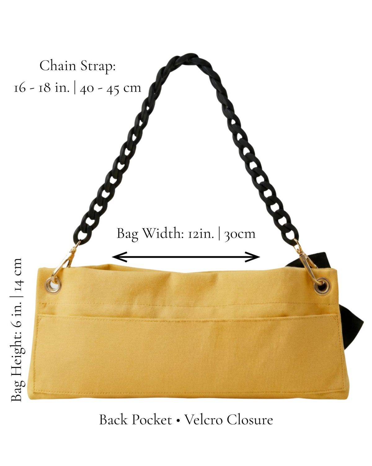 Butter Yellow Polka Edit pointe shoe bag dimensions — 12in x 6in, chain strap 16-18in, velcro back pocket, by PointeBag By Ballerina
