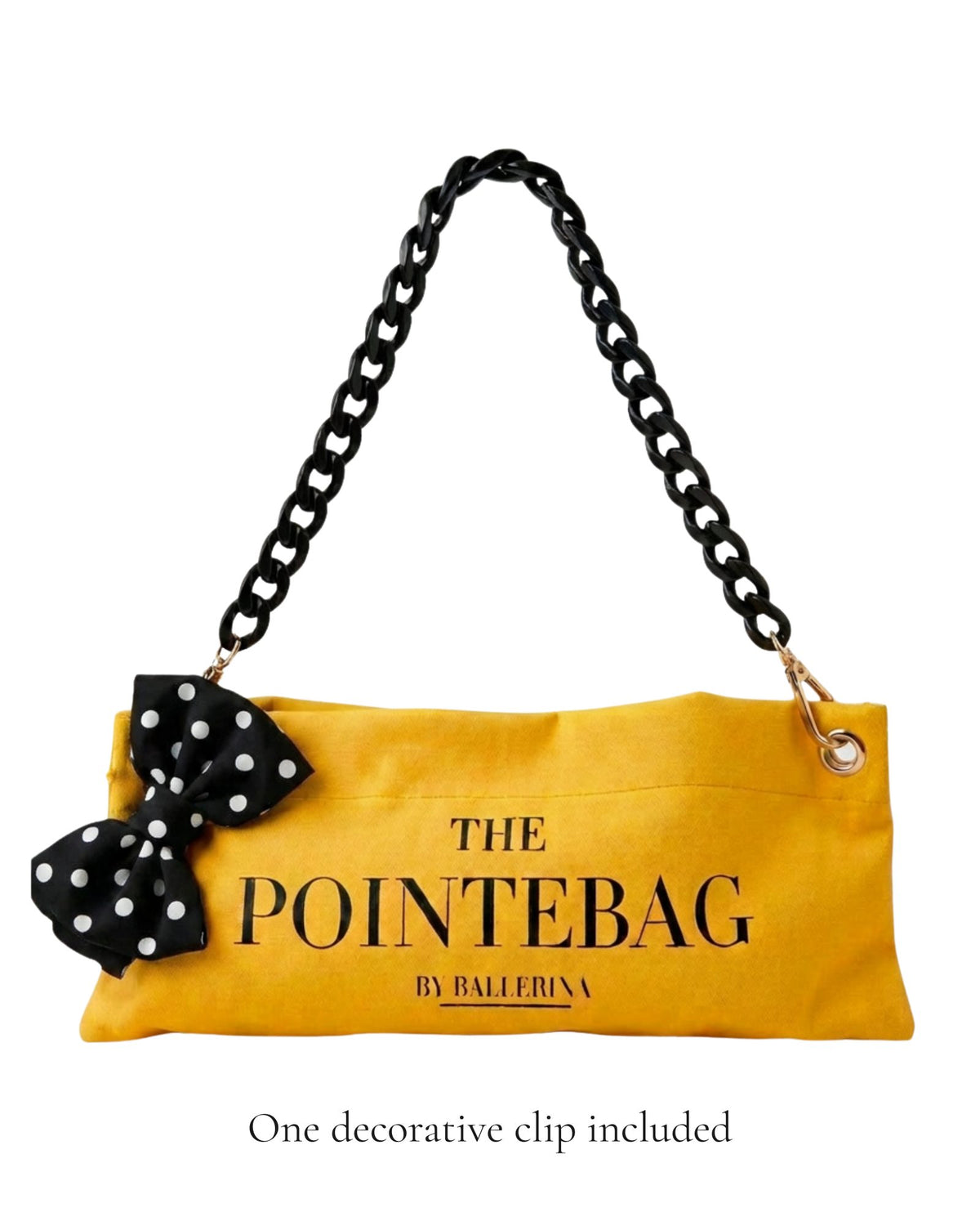 Butter Yellow Polka Edit limited edition pointe shoe bag with polka dot bow clip and black chain — by PointeBag By Ballerina