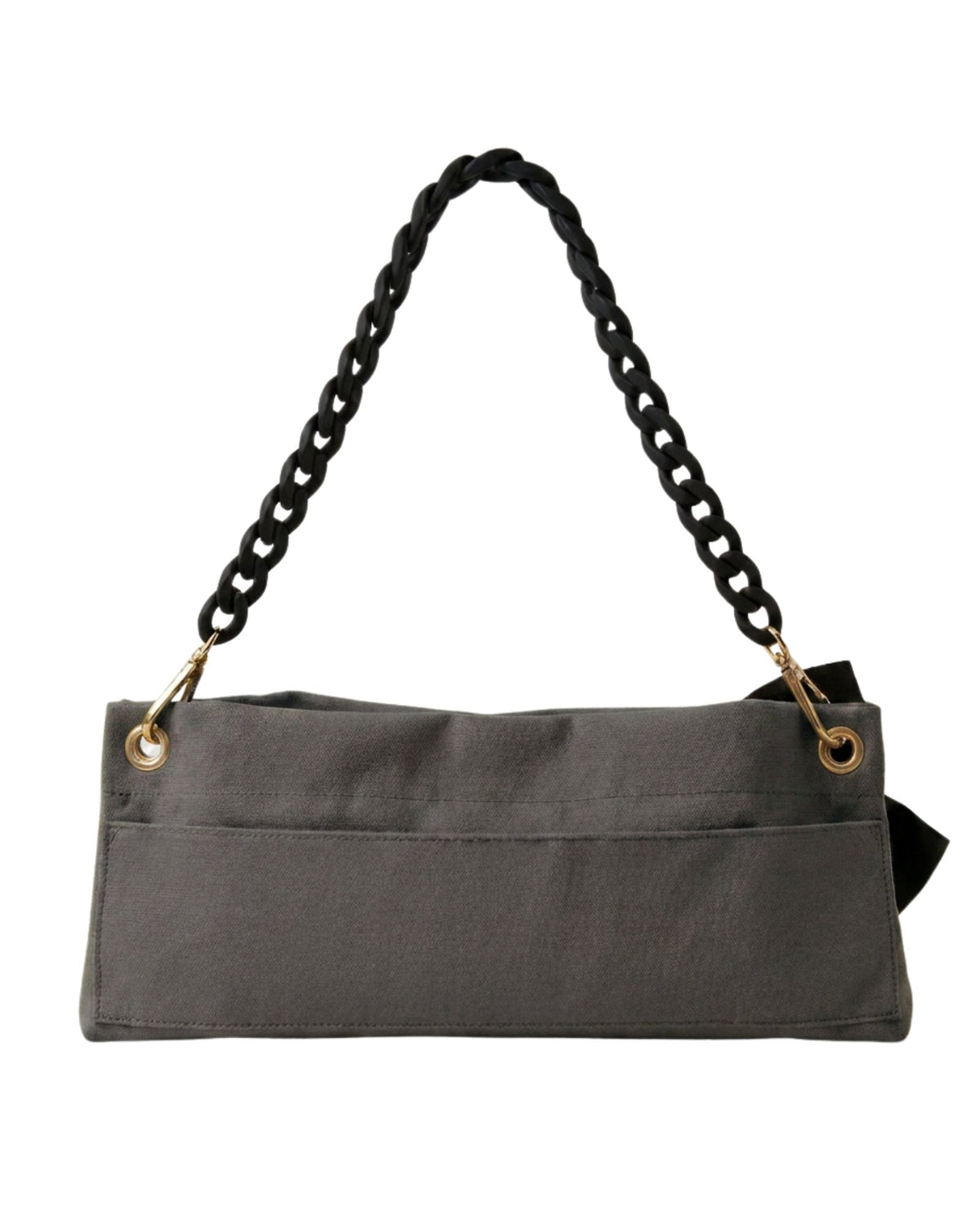 Back view of The PointeBag Classic Dark Grey — velcro back pocket, gold hardware eyelets and black velvety chain strap, by PointeBag By Ballerina