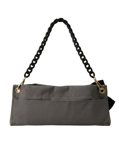 Back view of The PointeBag Classic Dark Grey — velcro back pocket, gold hardware eyelets and black velvety chain strap, by PointeBag By Ballerina
