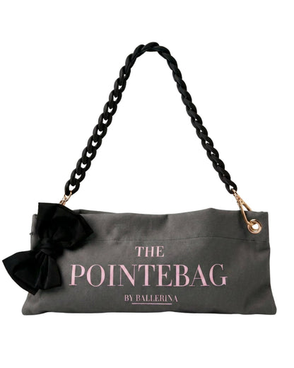 The PointeBag Classic Dark Grey — luxury pointe shoe bag with black velvety chain, black bow, and gold hardware, by PointeBag By Ballerina