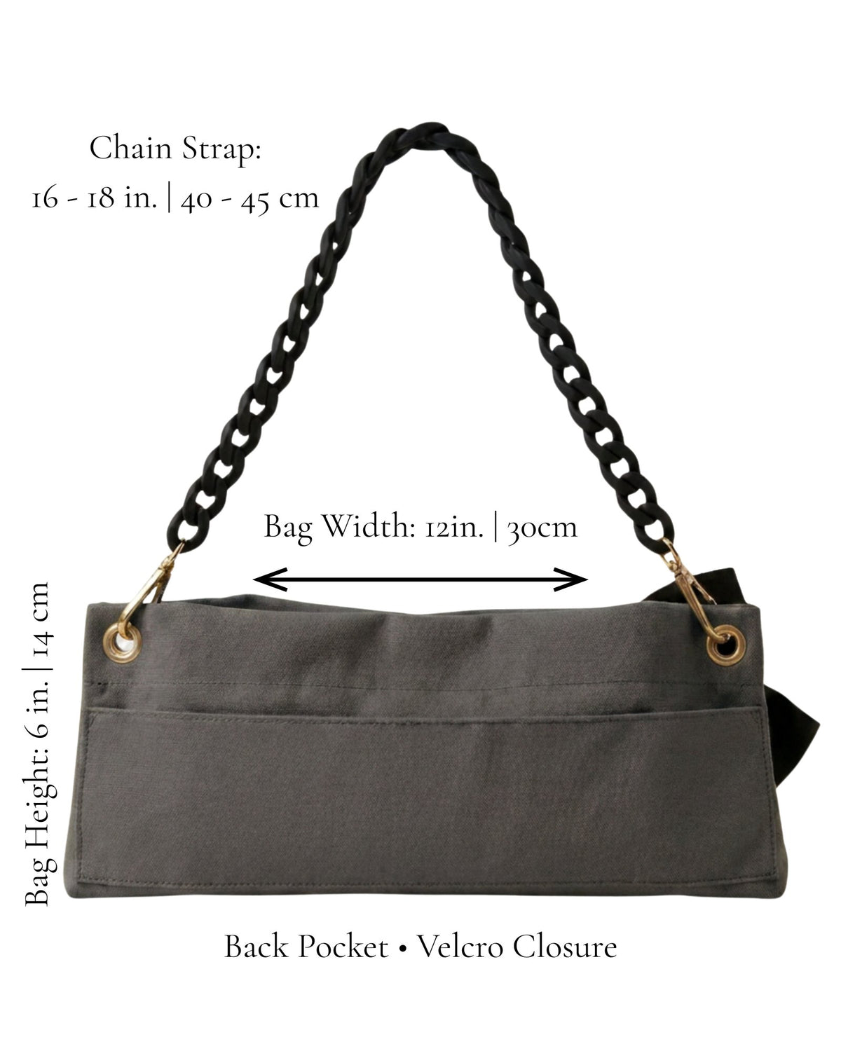 Dark Grey Classic PointeBag size guide — 12in x 6in bag, black velvety chain strap 16–18in, back pocket with velcro closure — PointeBag By Ballerina