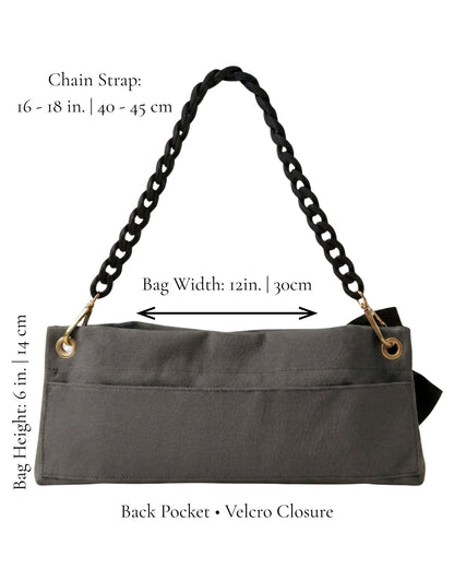 Dark Grey Classic PointeBag size guide — 12in x 6in bag, black velvety chain strap 16–18in, back pocket with velcro closure — PointeBag By Ballerina