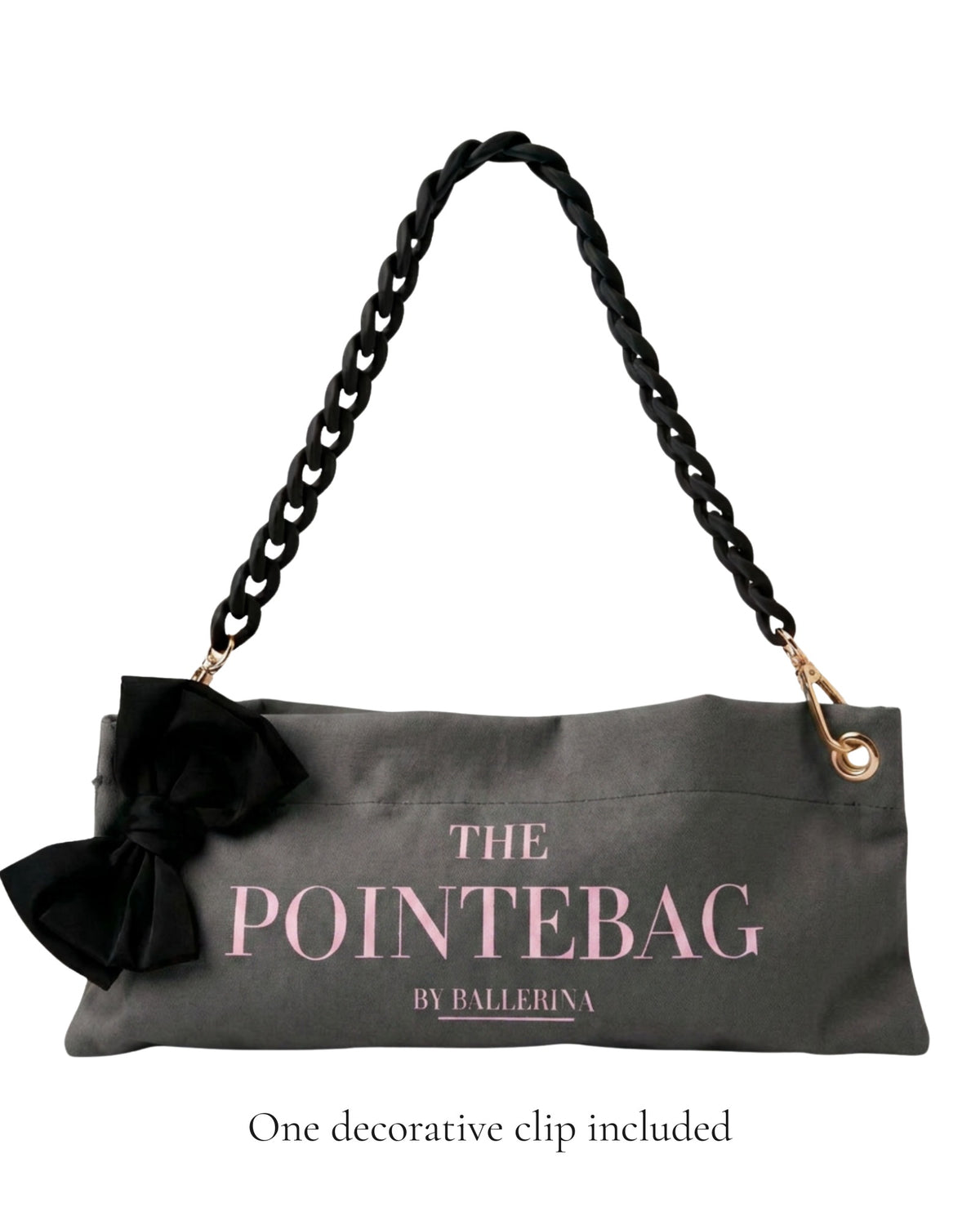 The PointeBag Classic Dark Grey with decorative black bow clip — pointe shoe bag with black velvety chain and gold hardware, by PointeBag By Ballerina
