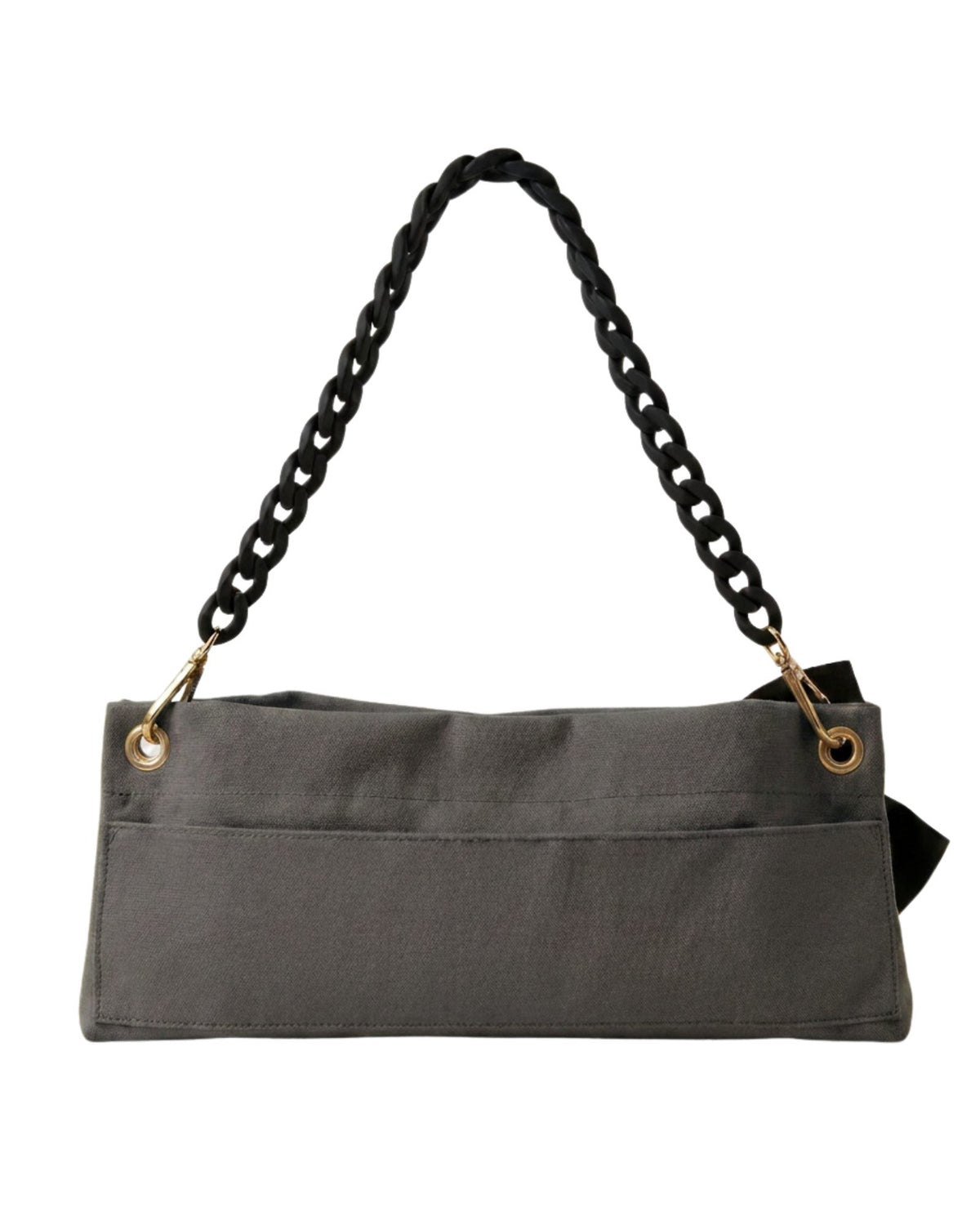 Back view of The PointeBag Dark Grey Polka Edit — velcro back pocket, gold hardware eyelets and black velvety chain strap, by PointeBag By Ballerina