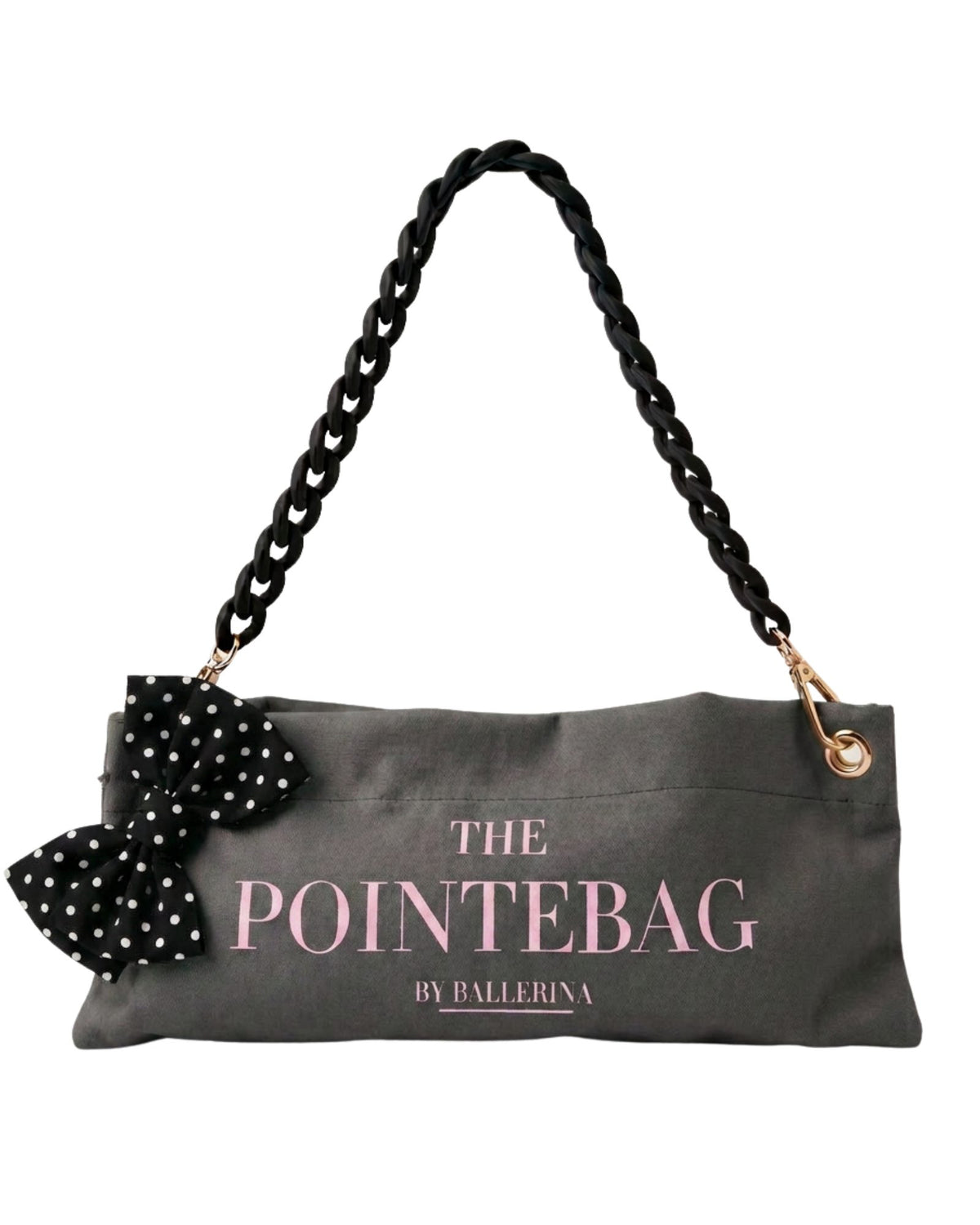 The PointeBag Dark Grey Polka Edit — limited edition pointe shoe bag with black polka dot bow and black velvety chain, by PointeBag By Ballerina
