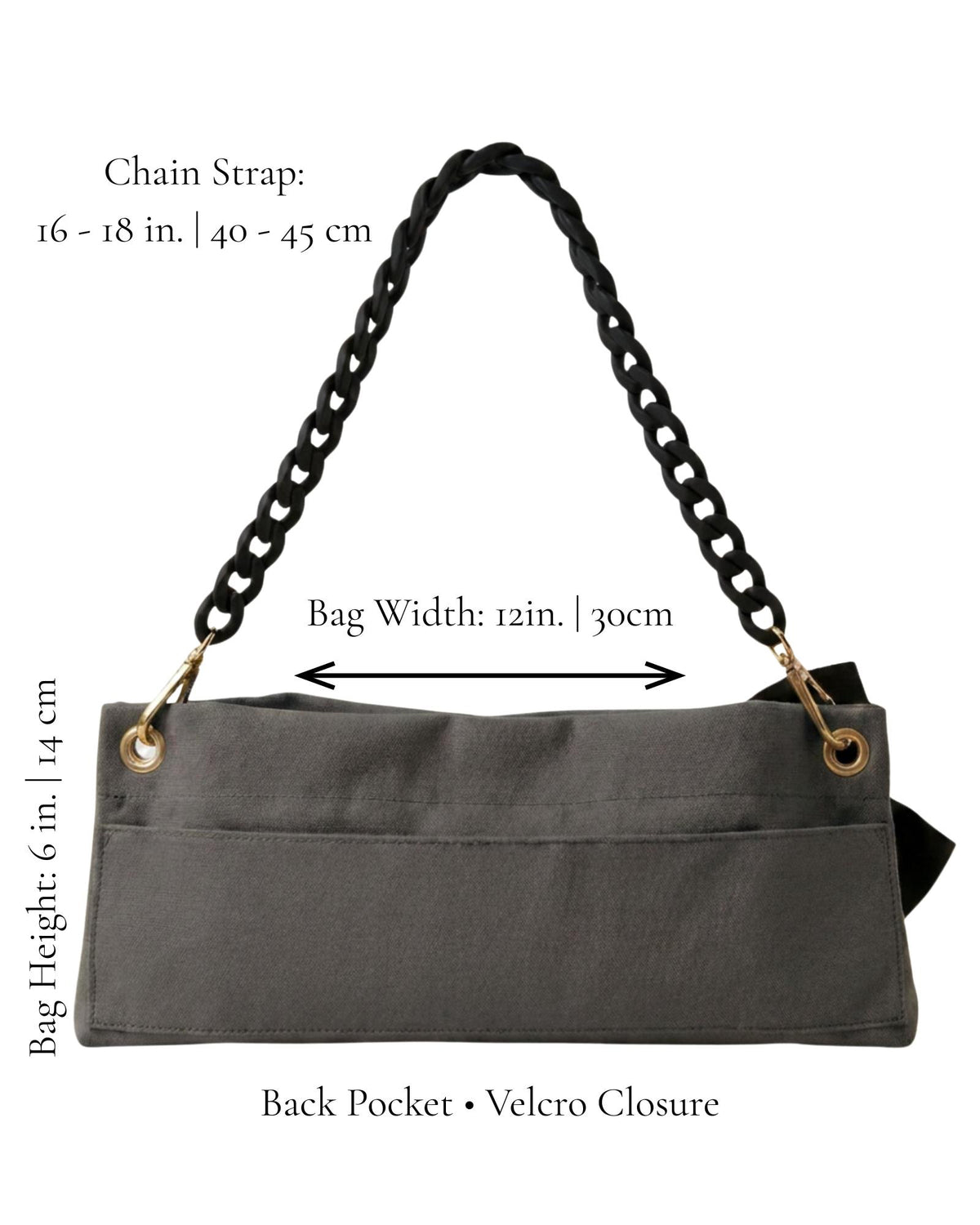 Dark Grey Polka Edit PointeBag size guide — 12in x 6in bag, black velvety chain strap 16–18in, back pocket with velcro closure — PointeBag By Ballerina