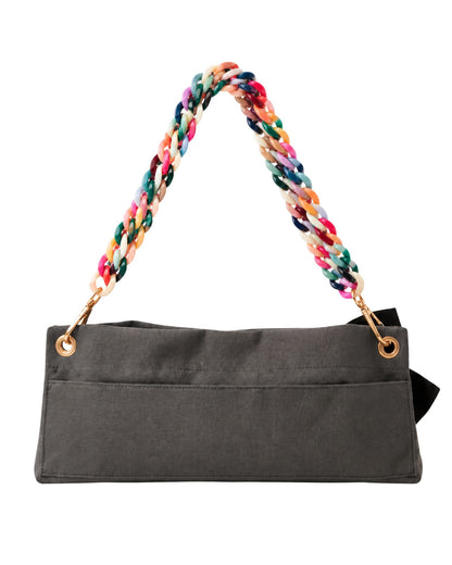 Back view of the dark grey PointeBag by Ballerina showing the colorful rainbow chain and velcro pocket | PointeBag By Ballerina