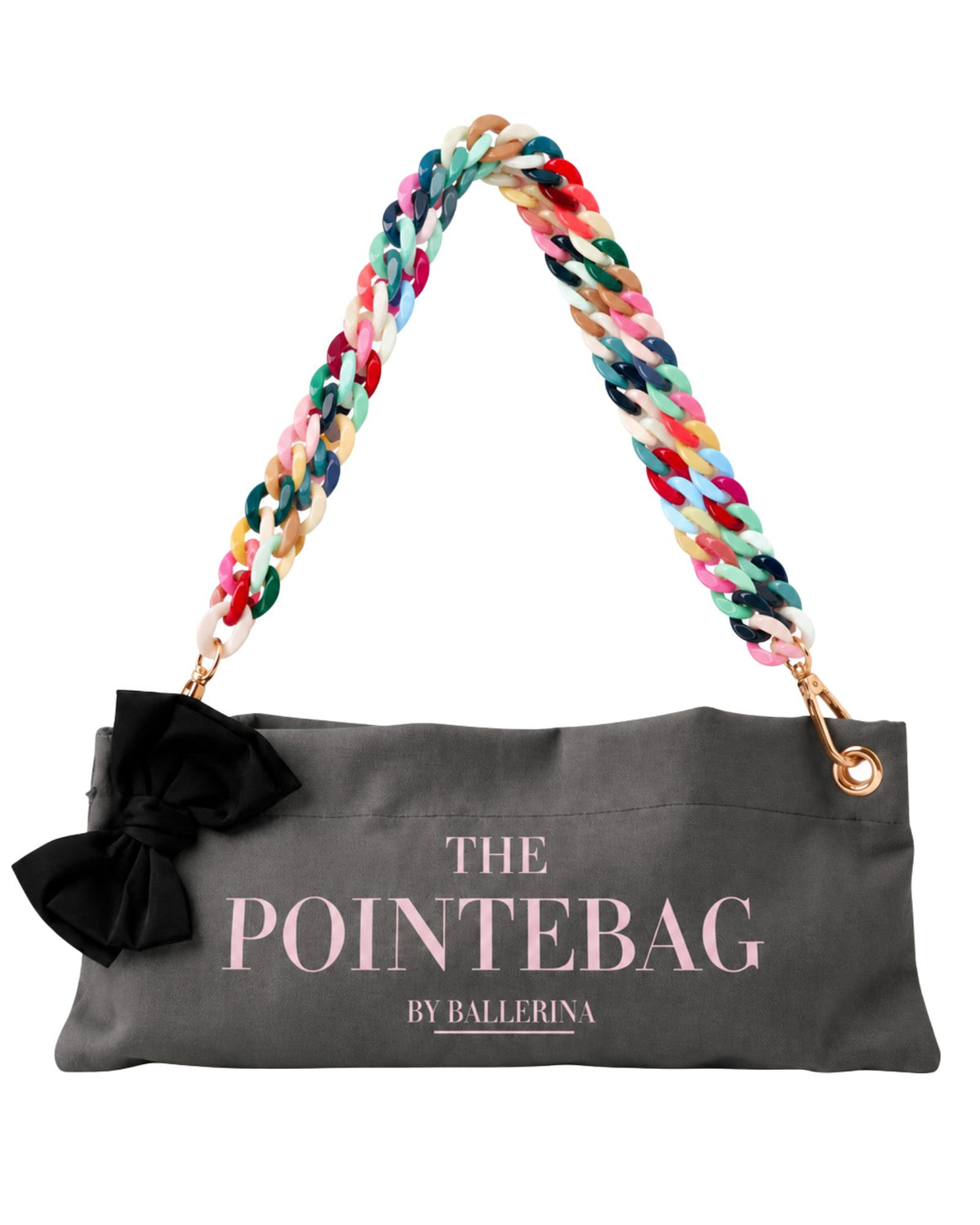 Dark grey PointeBag by Ballerina for pointe and ballet shoes with a colorful double rainbow chain and black bow