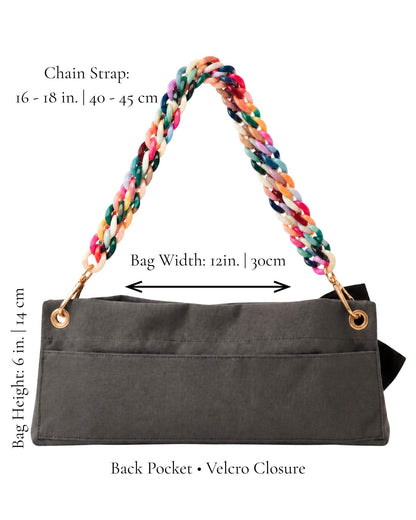 Dark grey PointeBag by Ballerina with a colorful rainbow chain, showing the exact measures for this pointe and ballet shoe bag