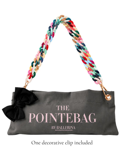 Dark grey PointeBag by Ballerina for pointe and ballet shoes with a double rainbow chain and a black bow clip 