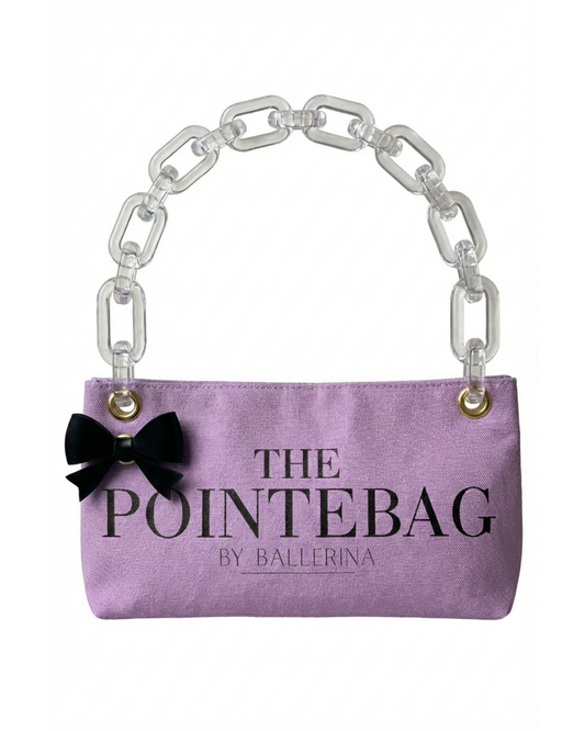The Lilac Classic PointeBag | Pointe/Ballet Shoe bag in lilac color with the logo PointeBag By Ballerina in black color. There is a Bow Clip in black color and a clear replaceable chain.