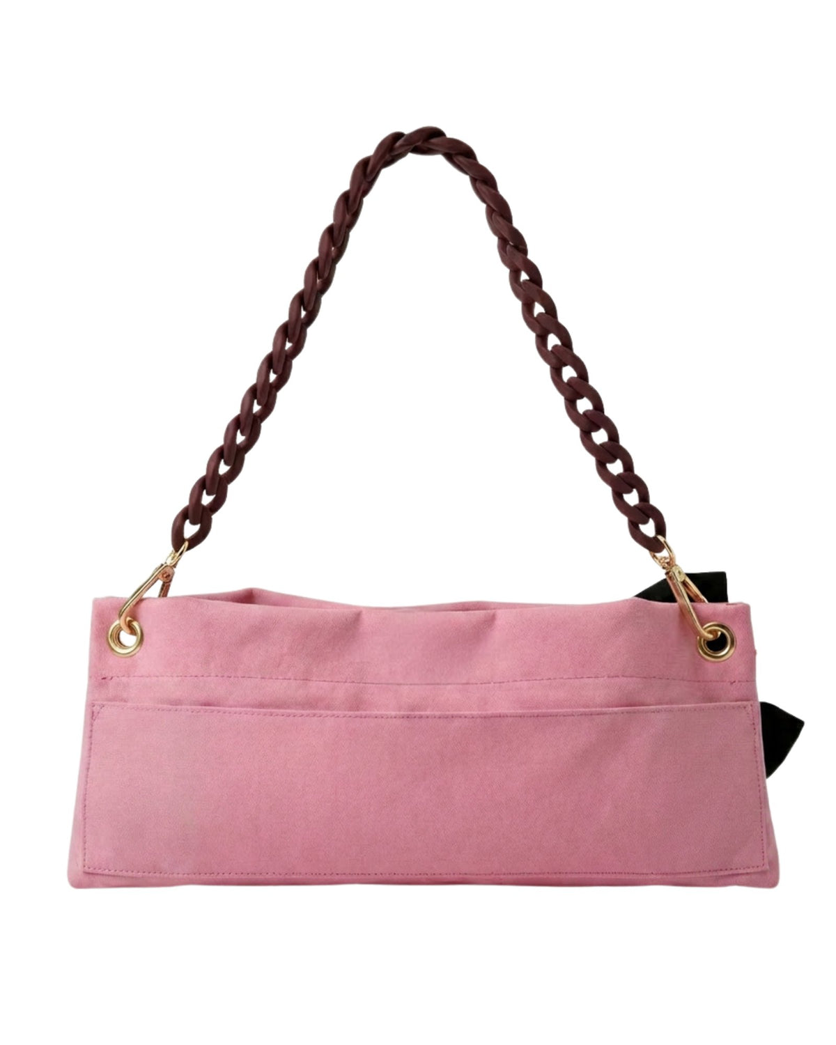 Pink Classic Pointe Shoe Bag back view with velcro pocket and removable chain strap — PointeBag By Ballerina
